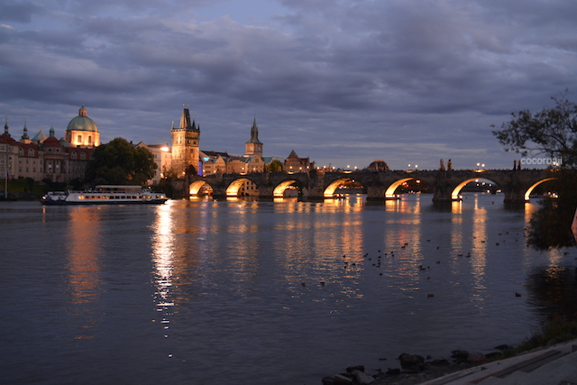 Charles Bridge lit up at night.