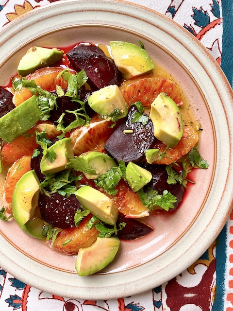Avocado, beetroot, and blood orange salad.