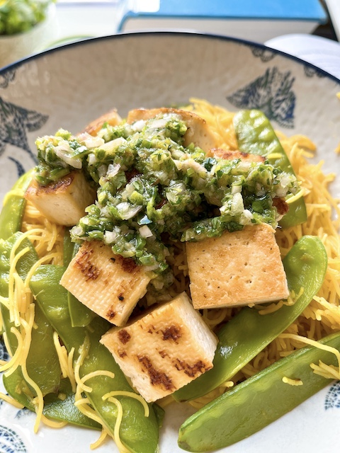 South Asian salsa sauce with grilled tofu.