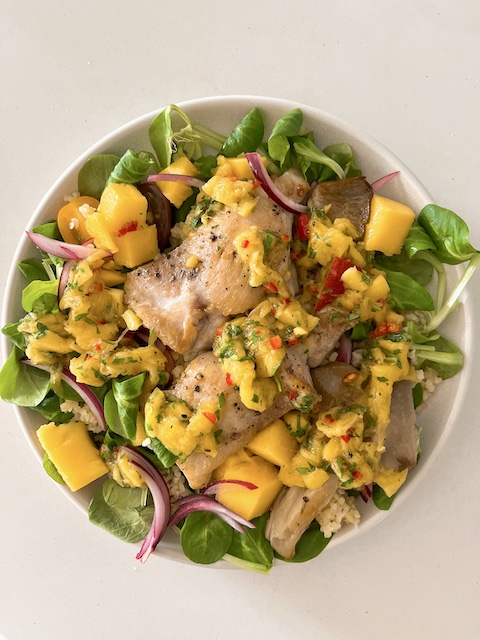 Chicken salad with mango dressing.