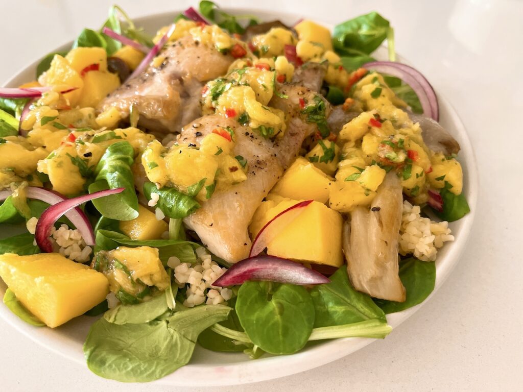 Chicken salad with mango dressing.