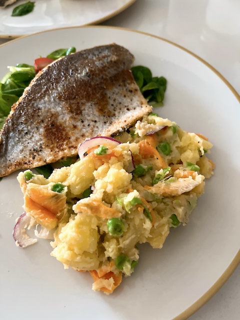 Japanese style potato salad with pan-fried fish.