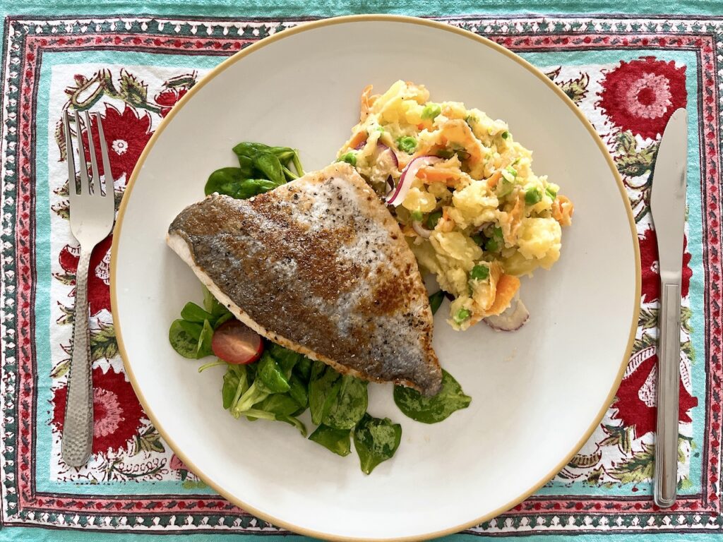 Japanese style potato salad with pan-fried sea bream.